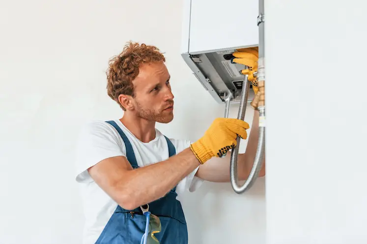 tecnico al lavoro sulla riparazione di una caldaia murale in edificio emiliano