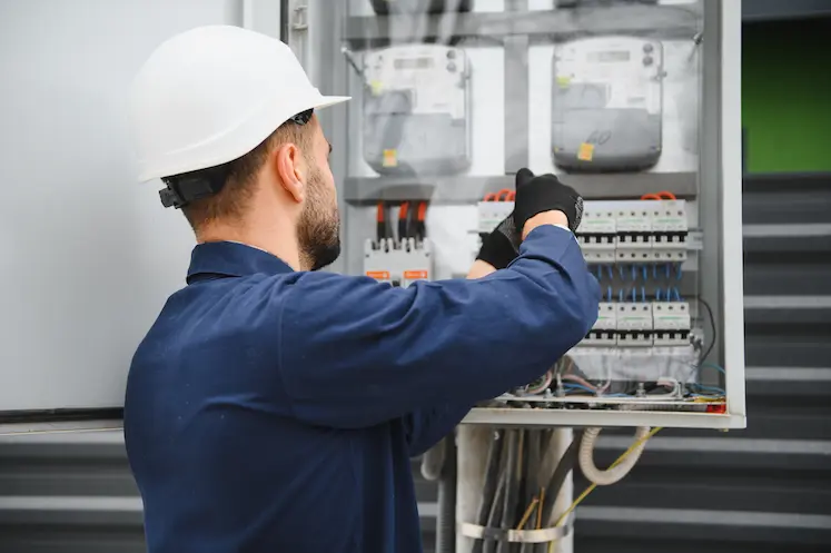 elettricista certificato al lavoro sul quadro elettrico durante intervento urgente