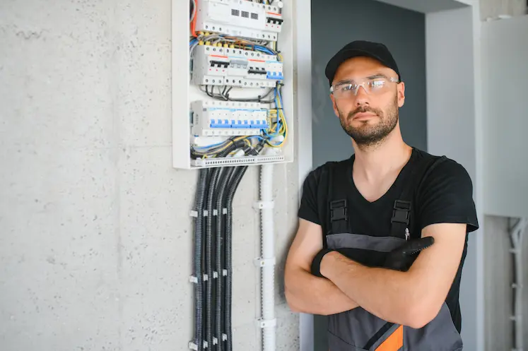 elettricista in piedi accanto al quadro elettrico durante intervento urgente in Abruzzo