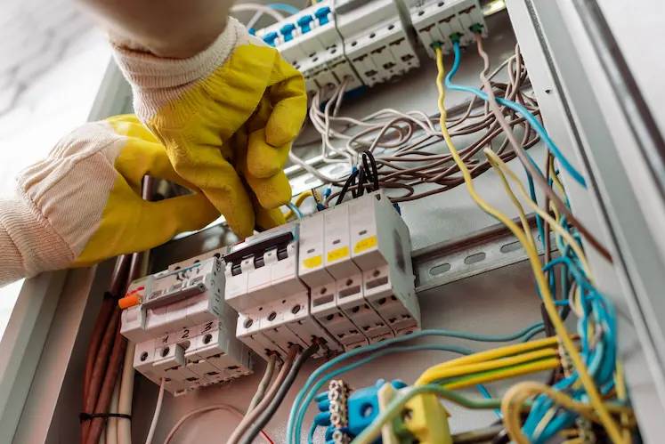 elettricista con guanti isolanti ripara impianto elettrico in edificio dell'Emilia-Romagna