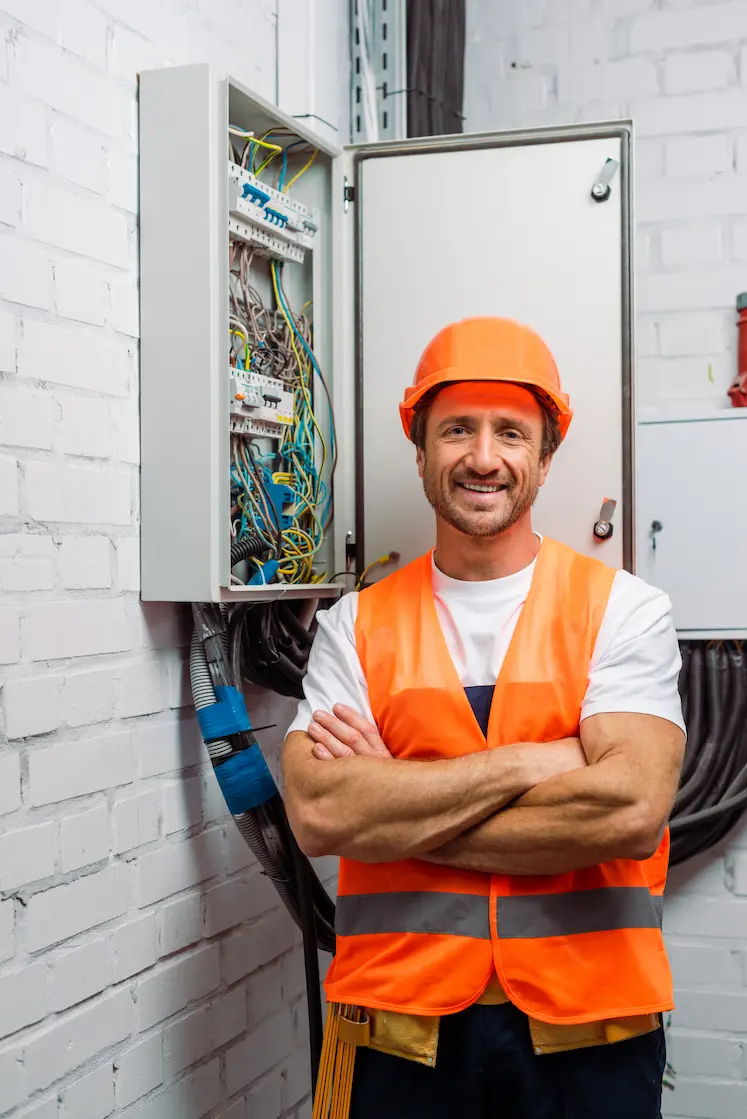 tecnico elettricista soddisfatto accanto al quadro elettrico riparato a Roma