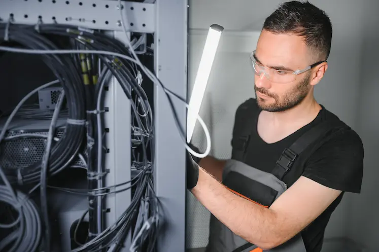Elettricista al lavoro su un quadro elettrico a Venezia