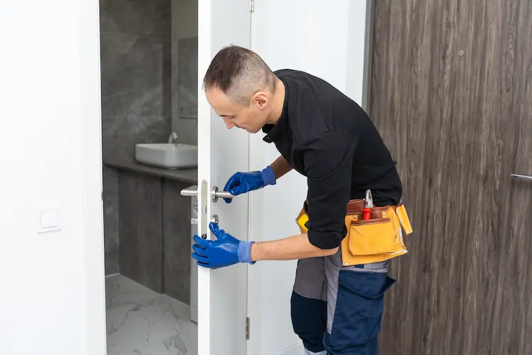 Tecnico che installa una porta in legno durante un intervento a Fermo