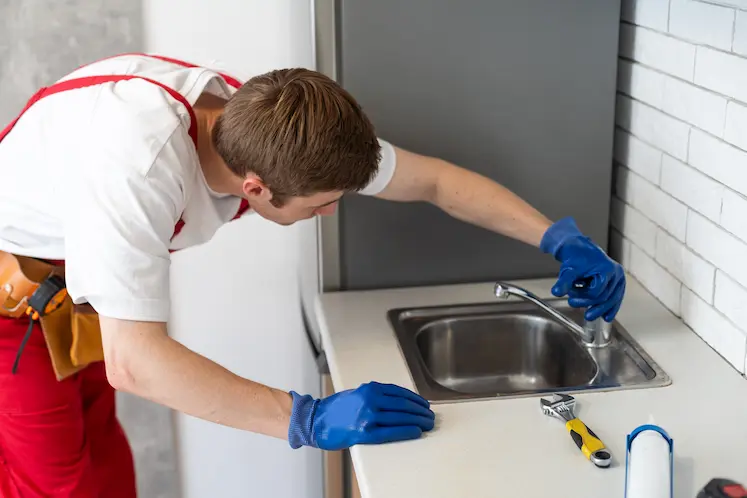 Idraulico che ripara il lavandino in una cucina moderna durante un intervento urgente a Parma