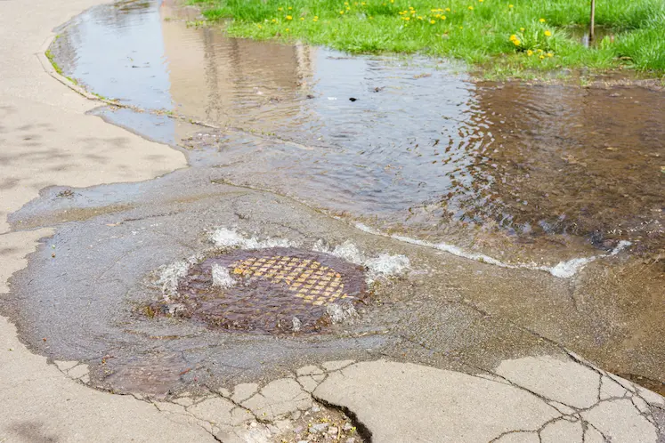 Acqua che fuoriesce dal tombino durante una rottura della fogna a Modena