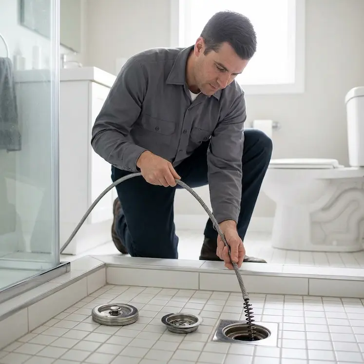 Idraulico che disostruisce lo scarico del bagno con sonda professionale a Ferrara