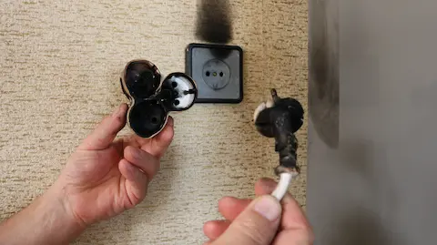 Presa elettrica annerita con segni di bruciatura dopo un cortocircuito