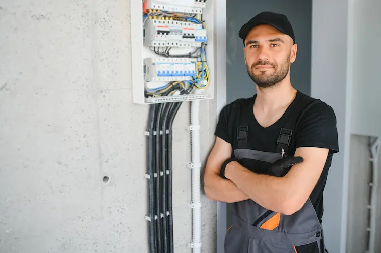 elettricista del pronto intervento al lavoro su quadro elettrico in edificio residenziale