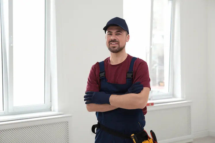 tecnico riparatore in tuta sorridente in stanza luminosa per interventi urgenti in Liguria
